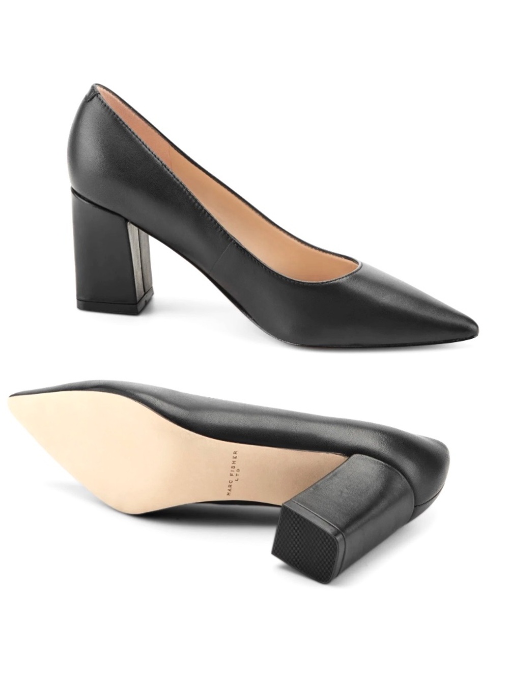 MARC FISHER Zala Black Leather Classic Pointed Toe Medium Block Heel Pumps 7 - Picture 7 of 15
